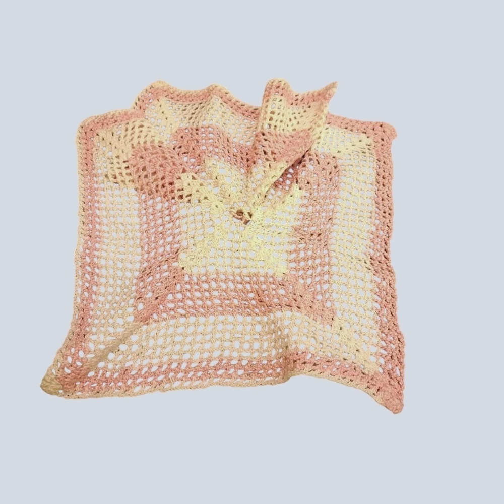 Handmade Vintage Crocheted Doily Table Mat Pink White Square 9 in Estate Dresser